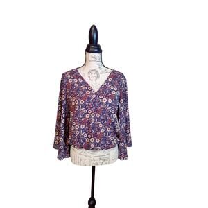 Sanctuary Flared Sleeve Boho V-Neck Navy Red Blouse Size S